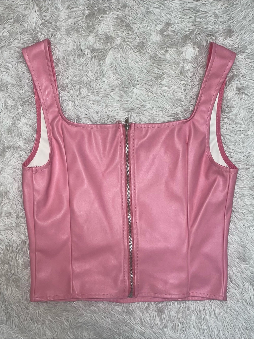 Pink Faux Leather Zip-Front Crop Tank Top